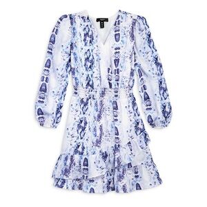 Aqua Blue & White Snake-Print Wrap Dress with Ruffle Hem